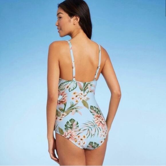 Kona Sol Wrap Front  Light Blue Floral One Piece Size L NWT - Picture 2 of 11